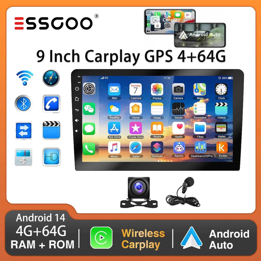 9-дюймовый 2 DIN автомобильный стерео радиоприемник Wirless Carplay Android Auto Car Stereo Bluetooth 64G GPS навигация RDS WiFi USB FM DAB+CAM