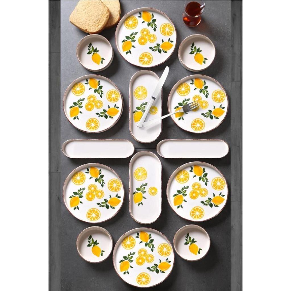 14 Piece Stackable Lemon Pattern Breakfast Set For 6 Persons Handmade Special Design Breakfast Set