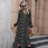 Autumn Women's Fashion Lace-up V-neck Long Sleeve A- Line Skirt Black Printed Mid-waist Long Dress