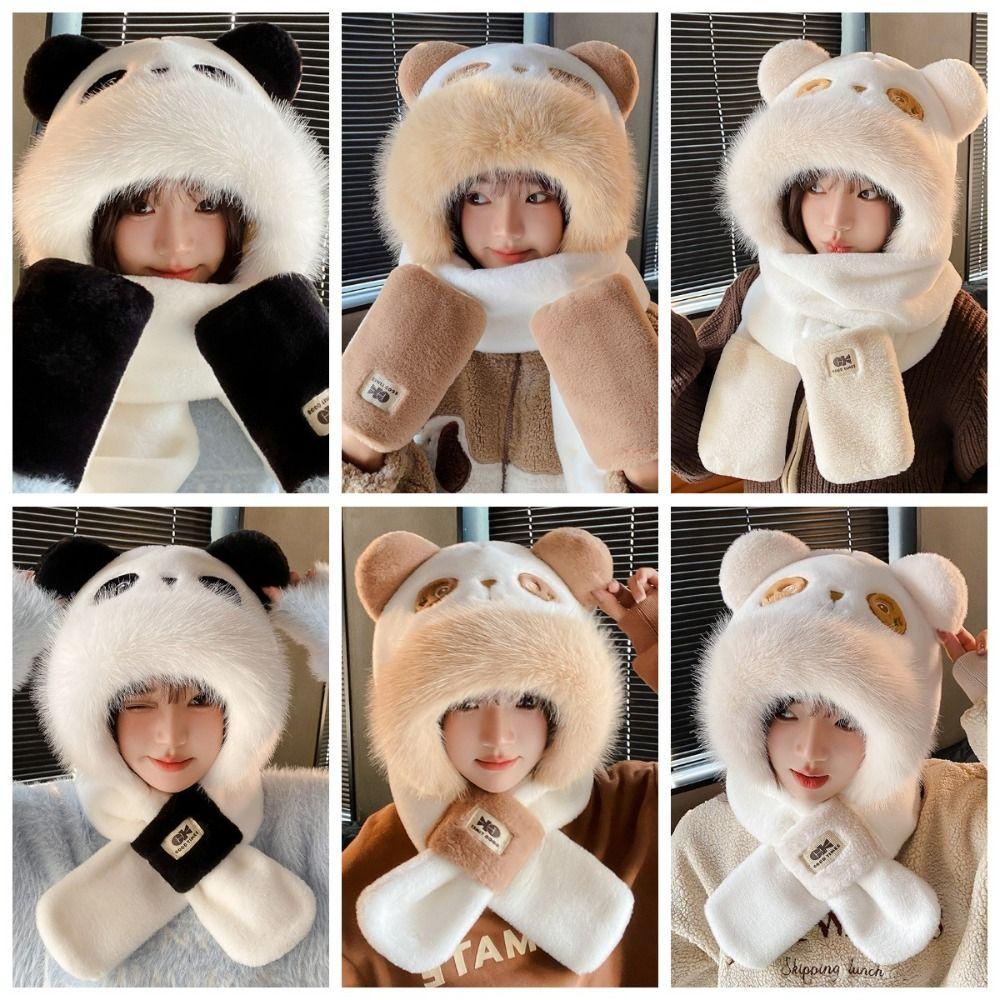 Panda Capybara Hat Scarf Set 3 In 1 Cartoon Plush Hat Earmuff Scarf Hat Glove for Women Lady