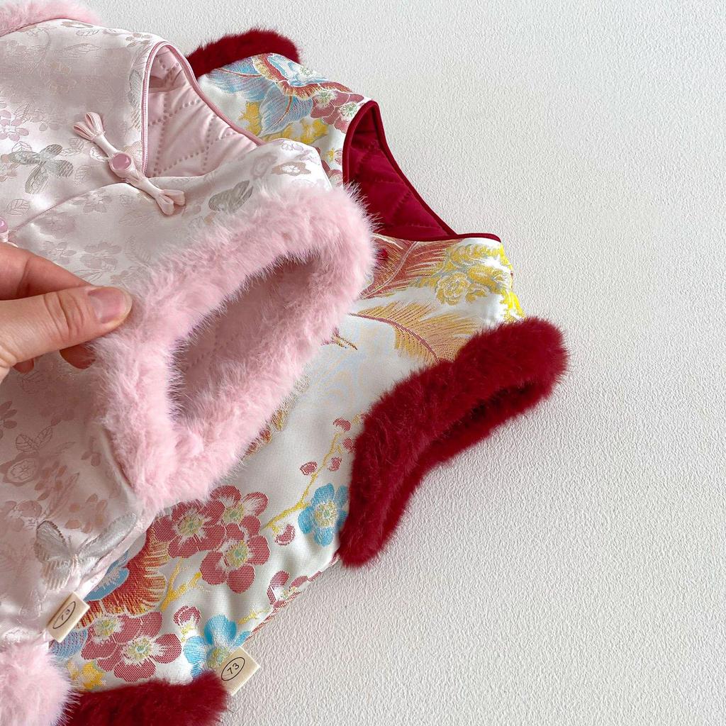 Детский ретро-жилет с жаккардовым узором и утеплителем на Китайский Новый год 2025 – Зимний наряд для девочек