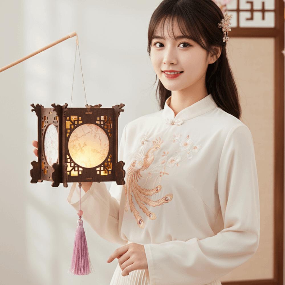 Handmade Wooden Lamp Kit Glowing Mid Autumn Craft Chinese Flower Lantern Retro Lantern DIY  Moon