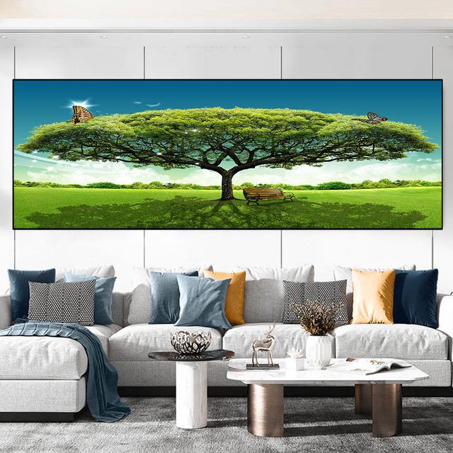 Абстрактное красное, зеленое большое дерево, деревянный стул, пейзаж, холст, живопись, постеры и принты, настенные художественные фотографии, домашний декор, без рамки