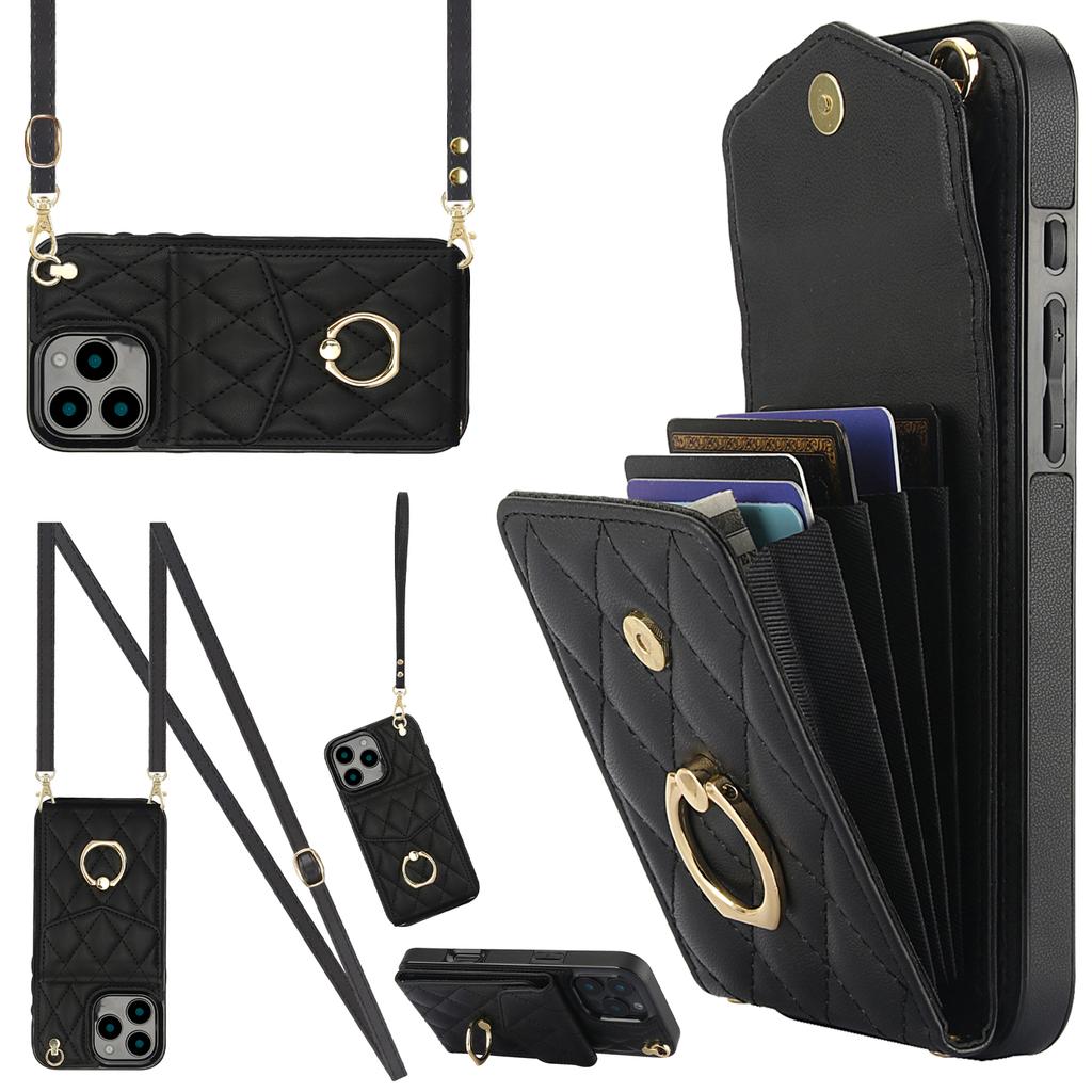 For iPhone 16 Pro Max Case Card Bag Leather+TPU Crossbody Phone Cover with Ring Kickstand