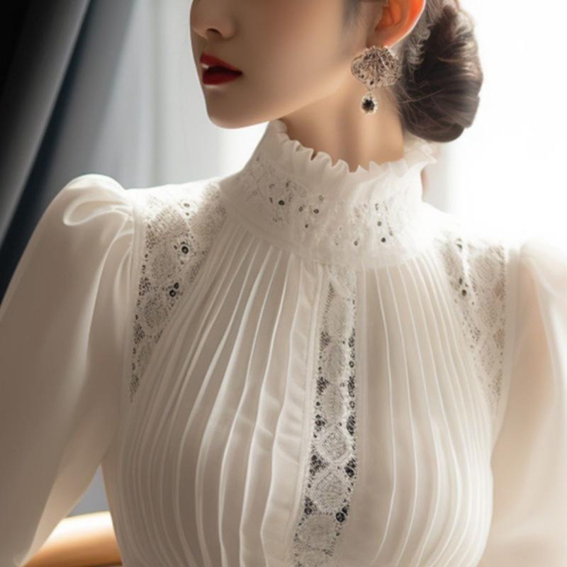 Shirt Spring and Summer High-end Sense of White Puff Sleeve Stand-up Collar Blouse Women