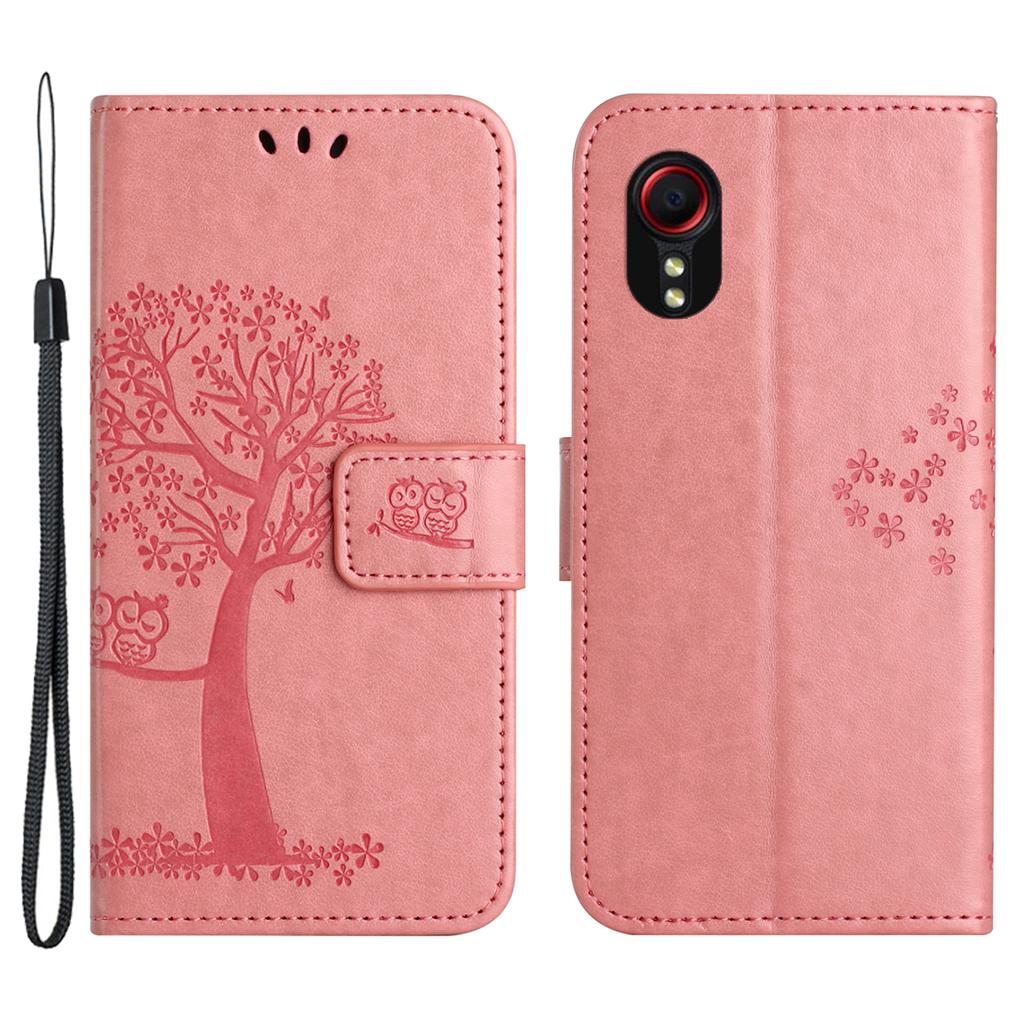 For Samsung Galaxy Xcover7 Cell Phone Case Owl Tree Imprinted Leather Folding Stand Cover