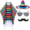 Набор костюмов для мексиканской вечеринки, 4 предмета: разноцветное полосатое пончо с сомбреро и усами для Хэллоуина, Фиесты, Карнавала