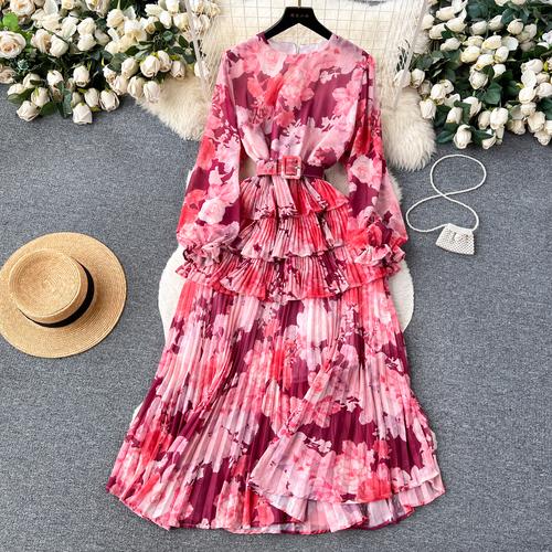 Новое осеннее элегантное женское платье с круглым вырезом и принтом в стиле пэчворк, складками и оборками, с длинными рукавами и высокой талией