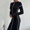 European & American Color Block Knit Maxi Dress - Long Sleeve, Autumn/Winter, Women's Hip Wrap