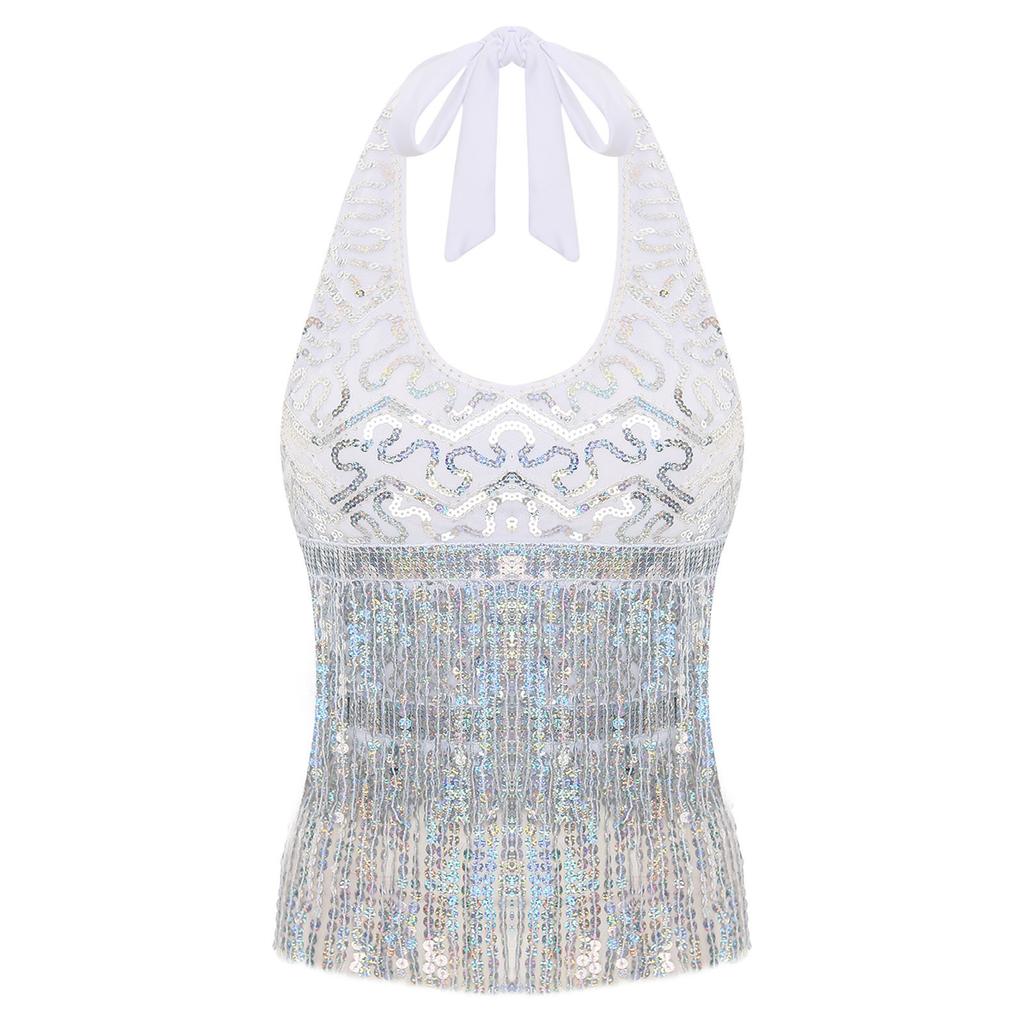 Womens Sleeveless Halter Top Sequins Tassel Fringe Crop Bra Dance Wear