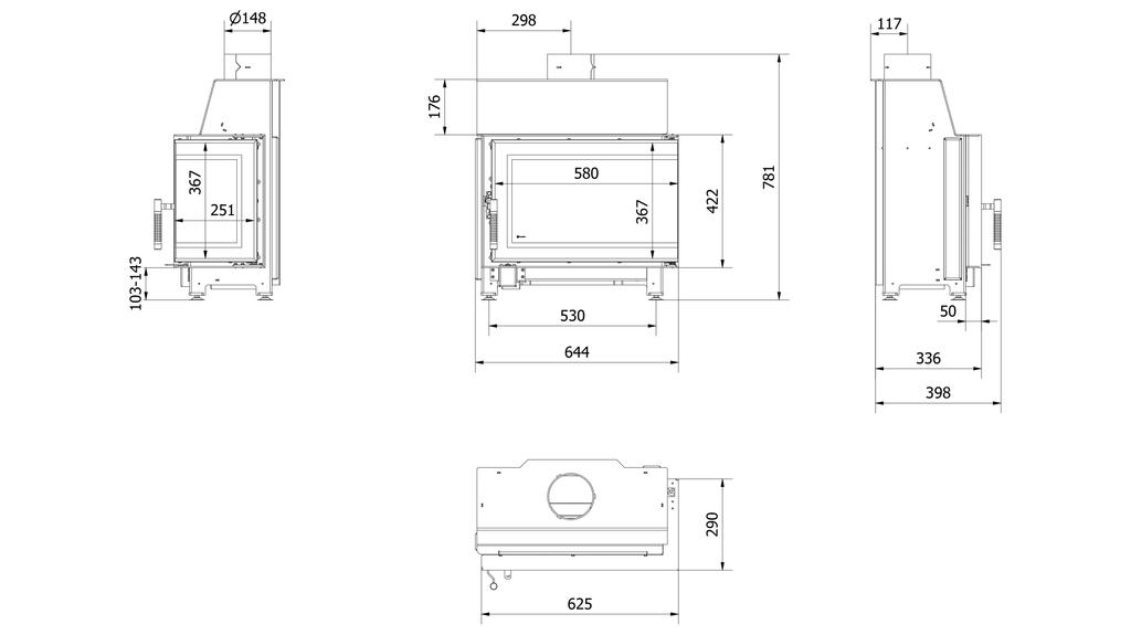 KRATKI SIMPLE Right Steel Air Fireplace 6 kW Ø 150 black lining
