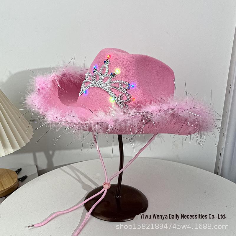 Розовая ковбойская шляпа с короной из перьев и стразами для фестивалей