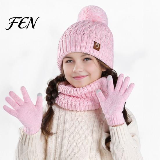 Kids Thermal Knit Beanies Neck Warmer Mittens Winter Hat Scarf Gloves Set, 3-Piece Fleece Lined Versatile Apparel for School Boys Girls, Warm
