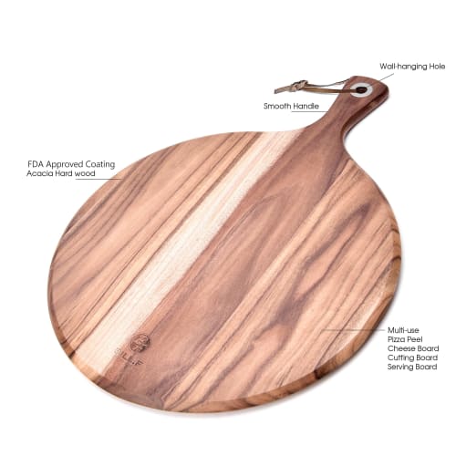 Acacia Wood Pizza Peel, 12-inch Cutting Board, Cheese Paddleboard with Handle for Bread and Cracker Serving and Small Food Prep - 16 x 12 x 0.5 Inches