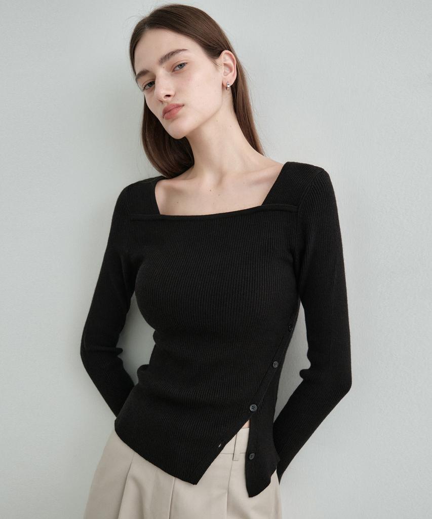 MONGDOL Square Neck Layered Diagonal Button Ribbed Knit Top Mdkt123_6 Colors