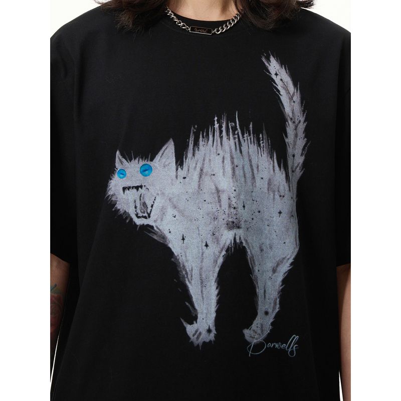 Kisko American Retro Cat Print Round Neck Short-Sleeved T-Shirt Men's New Summer Loose Design Top T-Shirt