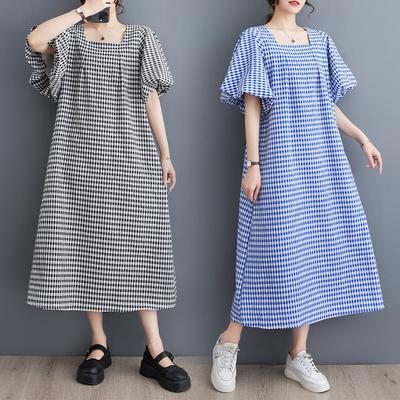 Реальное фото летнее новое литературное свободное хлопково-льняное платье в клетку с квадратным вырезом и короткими рукавами женское средней длины