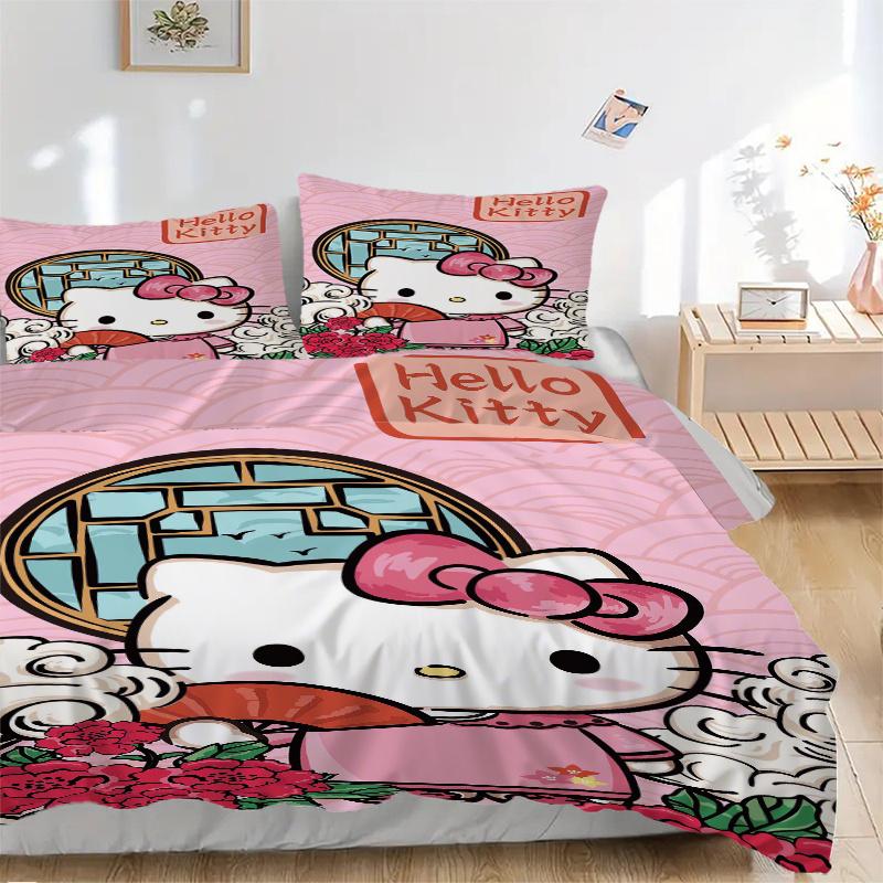 3 шт. Постельное белье в древнем стиле с рисунком Hello Kitty, комплект из трех предметов (1 Наволочка + 2 Наволочки, Без Наполнителей),  Мягкий и удобный W004