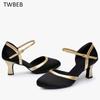 Женская обувь для латинских танцев SILK Ballroom Modern Pole Dance Shoes Женская обувь для сальсы, танго, средний каблук, закрытый носок, латинские туфли для девочек
