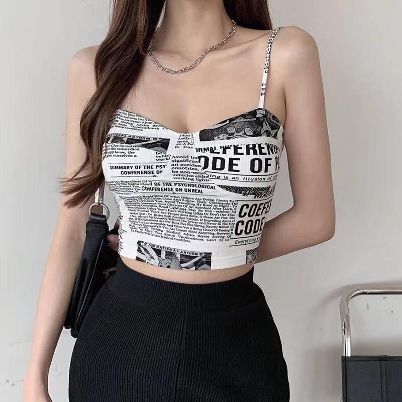 Женский бюстгальтер Push Up Camisole с подкладками, сексуальный топ с подтяжками, модные напечатанные газеты, женские мягкие топы без рукавов