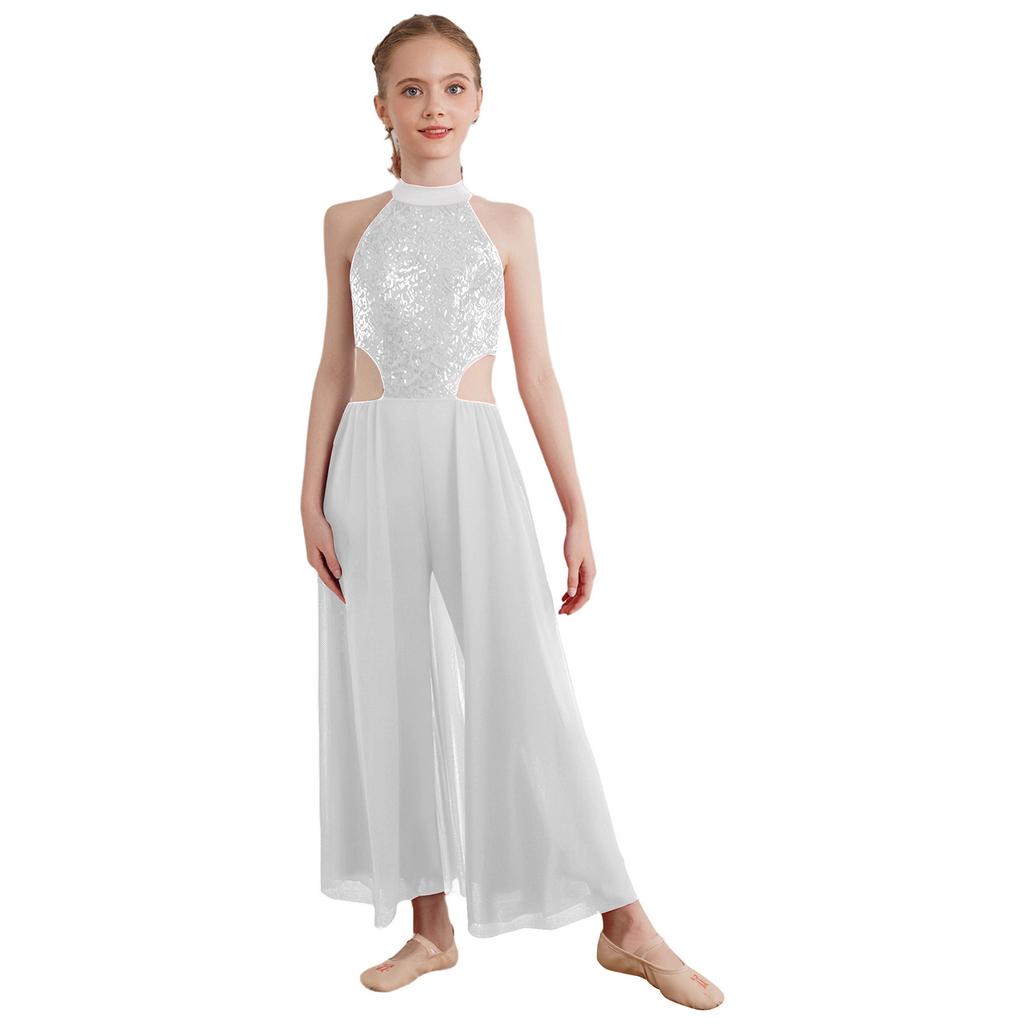 Блестящая одежда для танцев с пайетками для девочек: Полный костюм для выступлений с лямкой на шее, без рукавов, с открытой спиной и юбкой