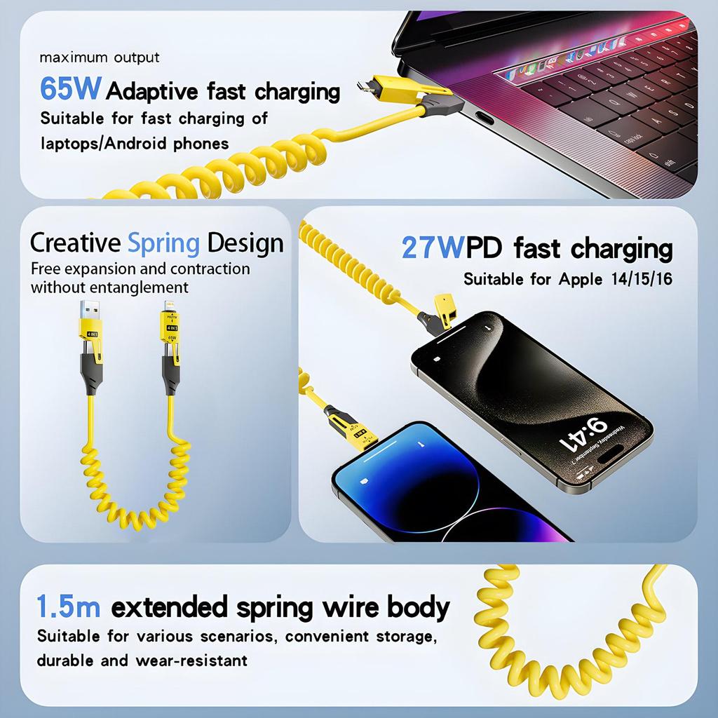 Кабель для быстрой зарядки 4-в-1 мощностью 65 Вт с разъемами USB Type-C и Lightning, телескопическая конструкция с пружиной