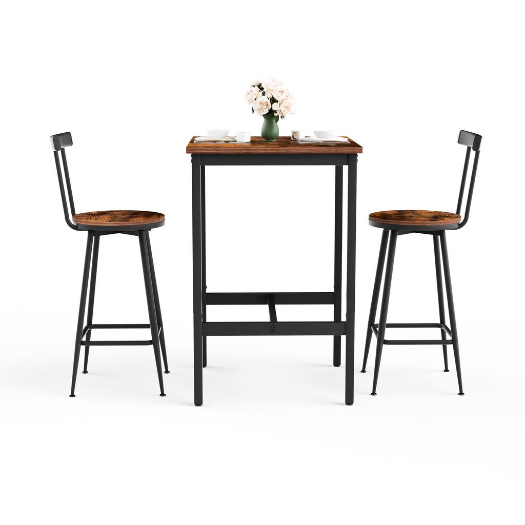 Bar table and stool set, dining table with two chairs, metal frame, industrial style, for dining room, living room, rustic brown, 60cm*60cm*90cm