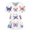 Women's T-shirt V-neck Nurse Uniform Commuting Comfortable Short Sleeved Butterfly Printed T-shirt for Women