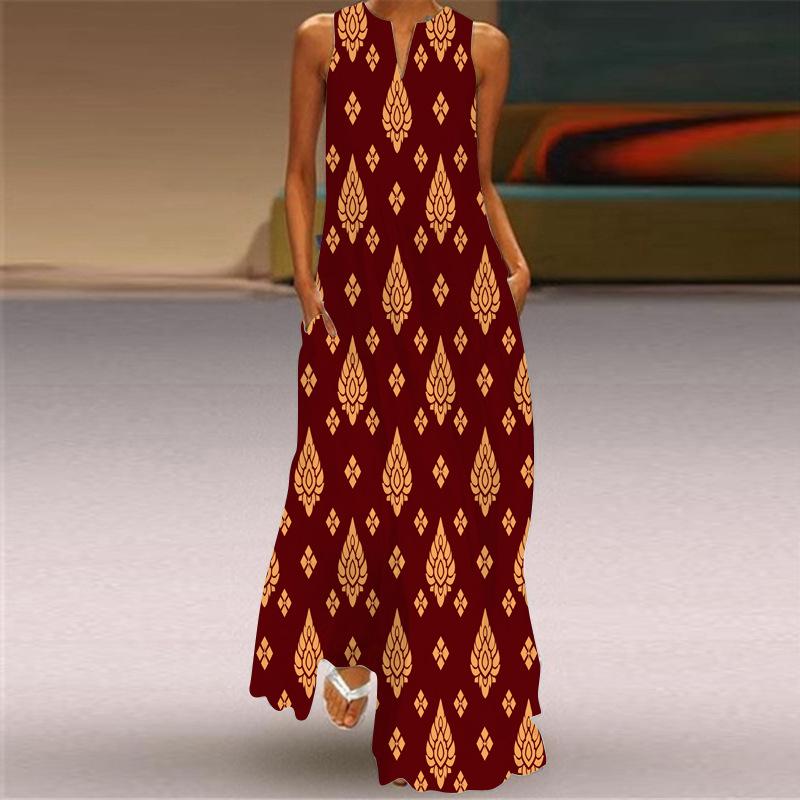 2024 Лето Без Рукавов V-образный вырез Печатный Сексуальное Платье Длинная Юбка Для Женщин