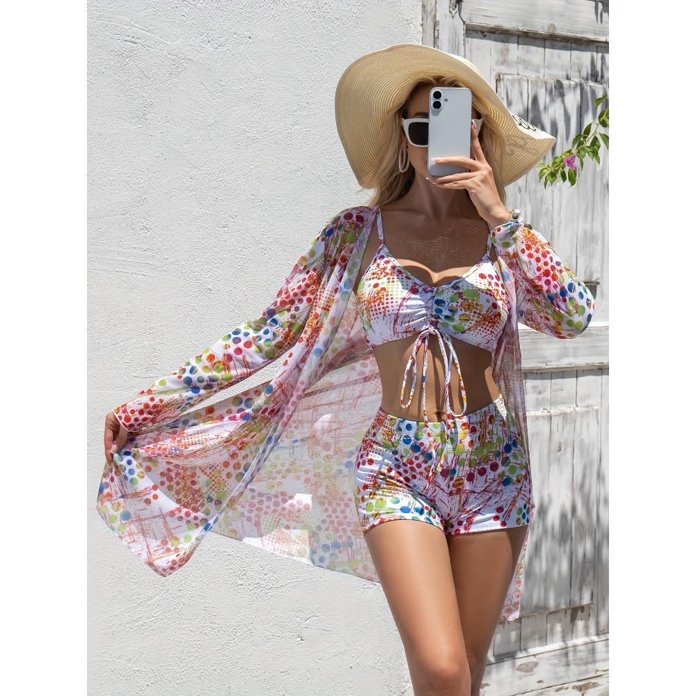 Женский трехсекционный комплект бикини с шортами-бойфрендами, модный купальник с бантом и пляжным парео
