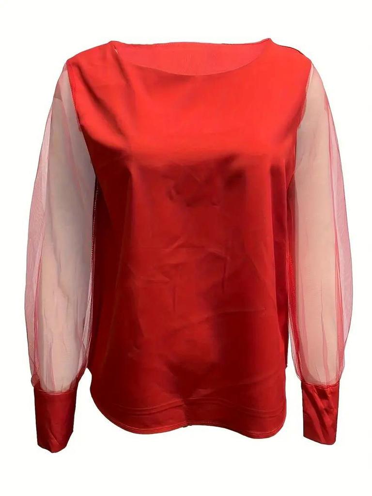 Осенняя блузка с круглым вырезом и рукавами-лепестками - Женский модный топ с длинным рукавом