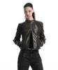 TREEMINGBIRD Rib Pannel Slim Fit Leather Jacket [ Brown ]