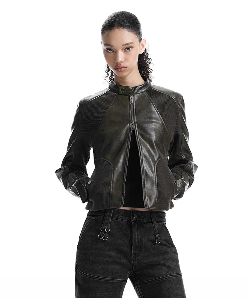 TREEMINGBIRD Rib Pannel Slim Fit Leather Jacket [ Brown ]