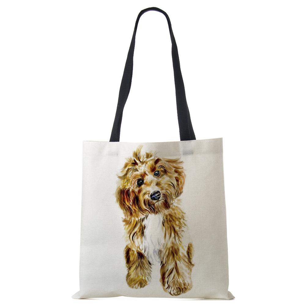 Women Handbag Linen Totes with Dog Print Casual Traveling Beach Gift Bags CLE