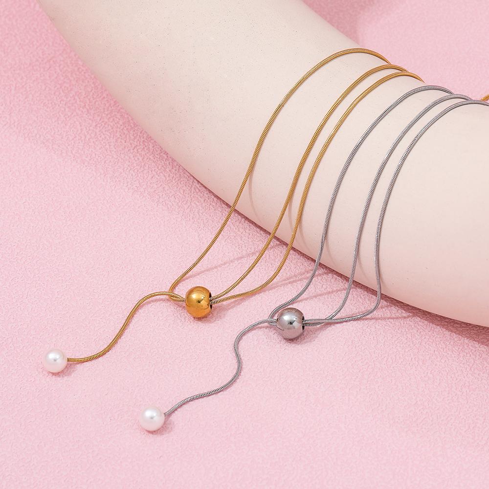 Fenny 18K Gold Plated Elegant Fresh Water Pearl Bead Pendant Sweater Chain Adjustable Stainless Steel Necklace