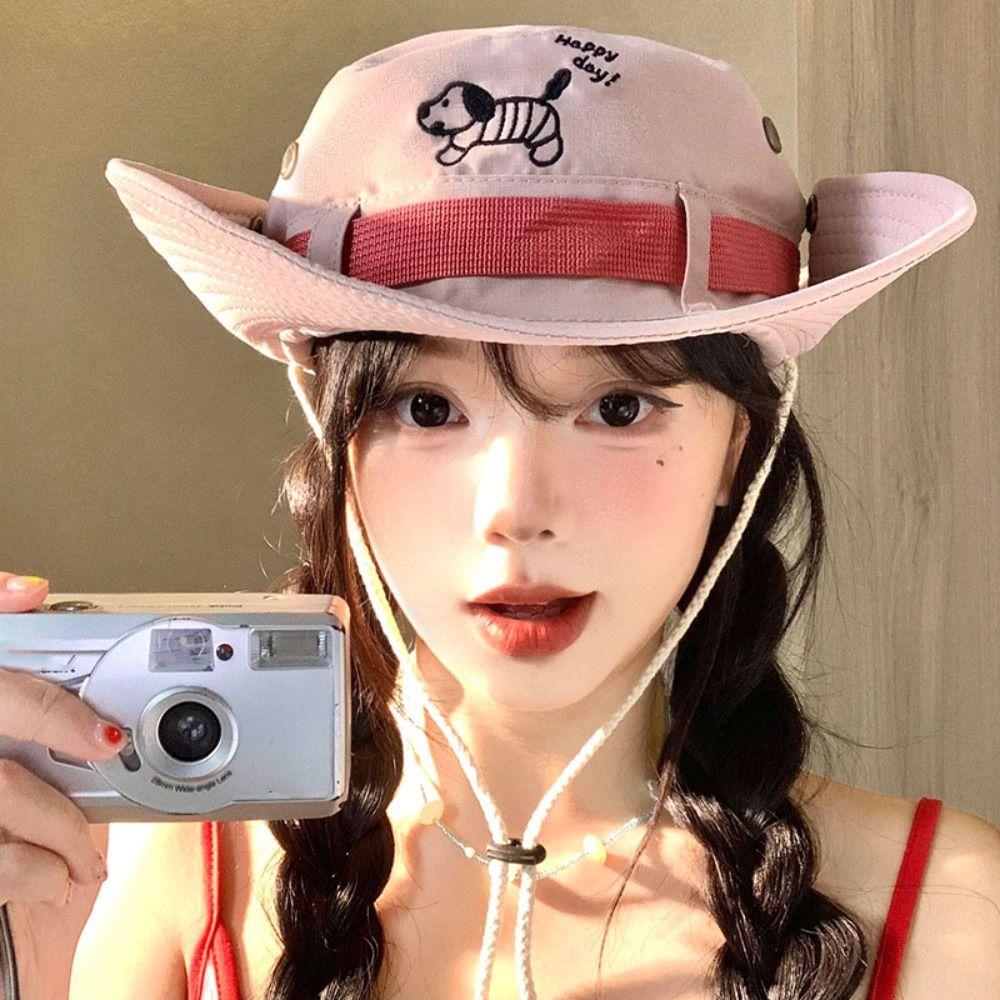 Y2K Ковбойская шляпа с козырьком, Солнцезащитная шляпа рыбака, Модная шляпа-ведро с щенком, Путешествия
