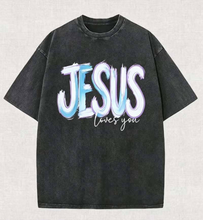 Футболка с графическим принтом 'Jesus Loves You' и градиентной кистью, винтажная, с круглым вырезом, свободная, повседневная, с коротким рукавом, уличный стиль