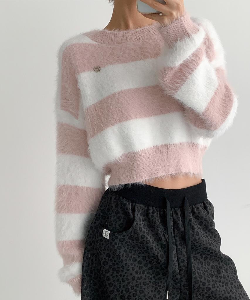 THE GREEN LAB Hairy Block Stripe Crop Knit [Pink]