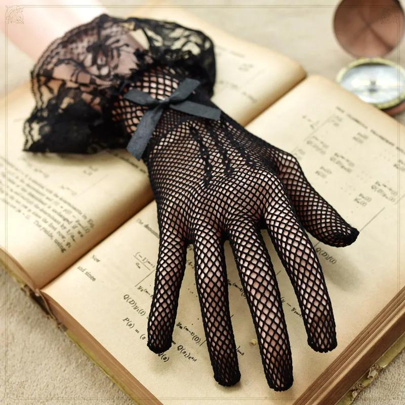 Sheer Lace Hollow Out Mesh Gloves Ultra Thin Stretchy Soft Full Finger Women's Gloves for Wedding Ceremony Event Black White