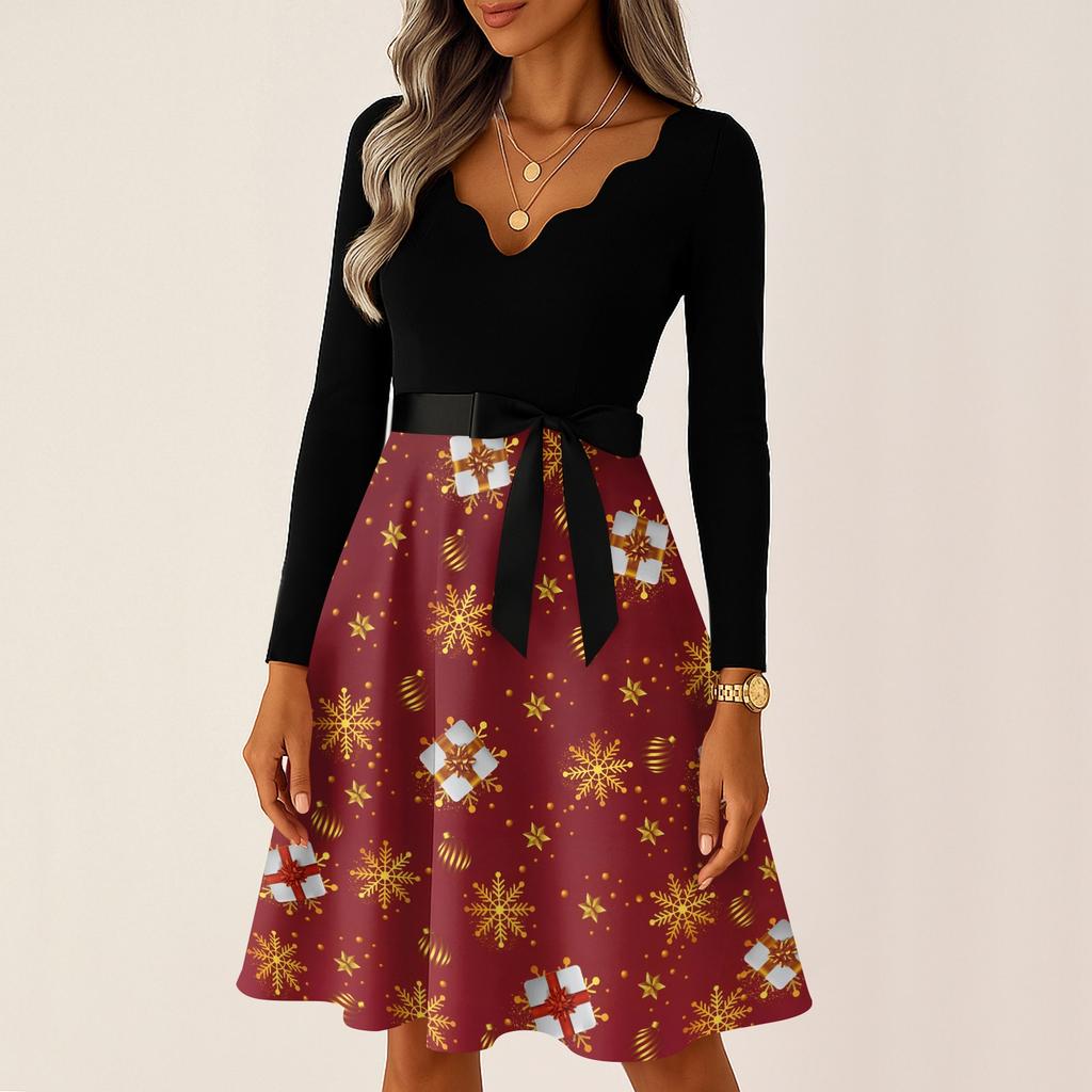 Женские повседневные модные длинные платья с рождественским графическим принтом и длинными рукавами в винтажном стиле