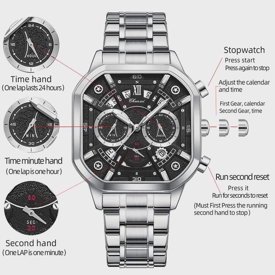 CHENXI Men Multifunction Quartz Watches Chronograph Waterproof Fashion Calendar Men's Luminous Watch