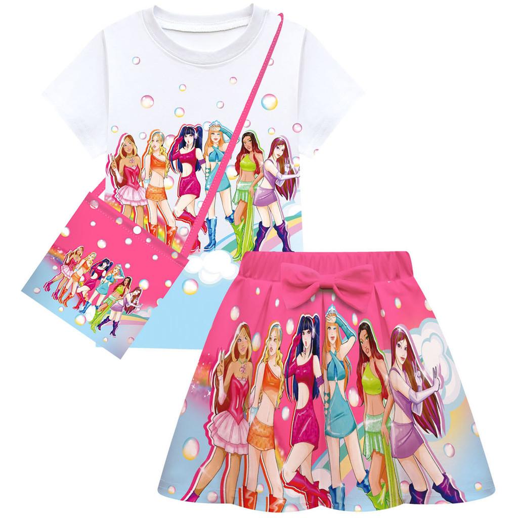 Fashion Girls KATSEYE Print Sets Short Sleeves T-Shirt Top Skirt Bag