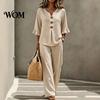 V-neck Blouse with Buttons Summer 2 Piece Sets for Women, Casual Ruffle 3/4 Sleeve V Comfortable Daily Wear Pants Neck Top And Wide Leg Matching Set,