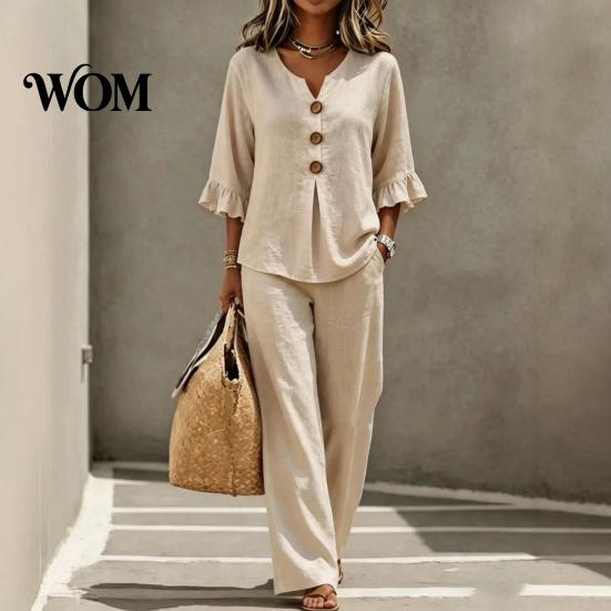 V-neck Blouse with Buttons Summer 2 Piece Sets for Women, Casual Ruffle 3/4 Sleeve V Comfortable Daily Wear Pants Neck Top And Wide Leg Matching Set,