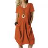 Women's Cotton Linen Solid Color Loose Round Neck Short Sleeve Pockets Dress