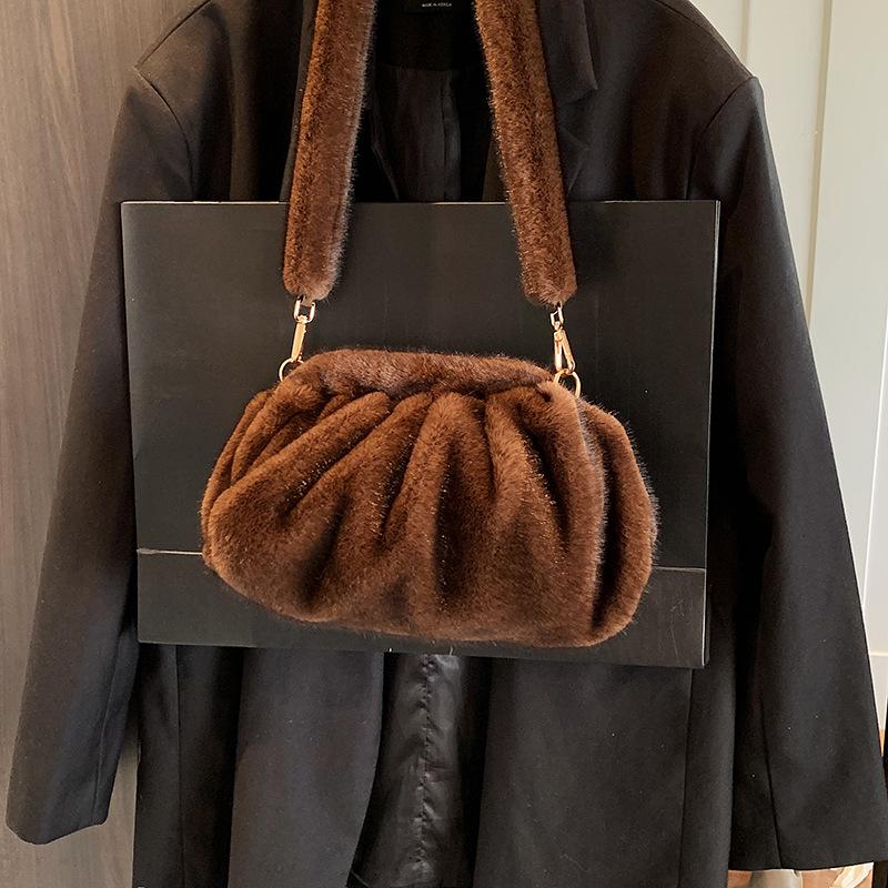 Korean Pleated Cloud Plush Shoulder Bag Soft Faux Fur Crossbody Bag Autumn And Winter Trend Handbags For Women Gifts
