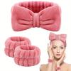 Fluffy Headband & Wristband Set - 3-Piece, Plush Skincare Accessories with Soft Bow Tie for Women and Girls