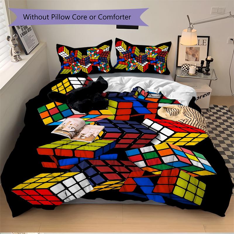 3Pcs Rubik'S Cube Puzzle Bedding Set Quilt Cover Pillowcase Home Christmas Xmas Halloween Gift 1 Duvet Cover 2 Pillowcase M92483