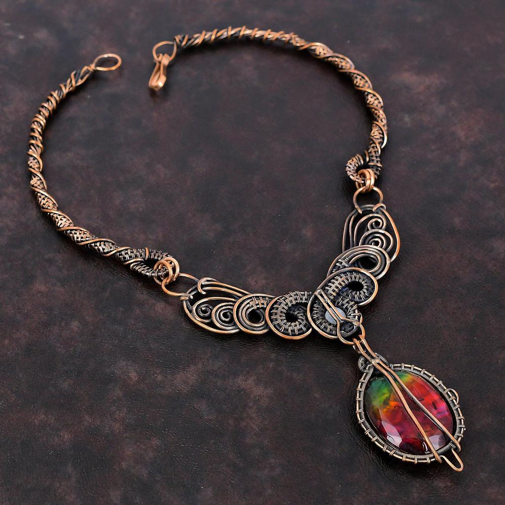 Faceted Ammolite Necklace Copper Wire Wrapped Necklace Rainbow Moonstone Jewelry Gemstone Necklace Handmade Copper Jewelry Anniversary Gift