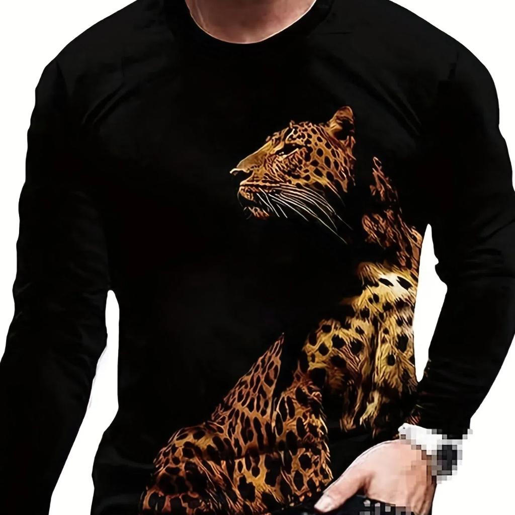 Men's Portrait Lion Print Long Sleeve Autumn T Shirt Pullover Comfortable Fit Street Casual Shirt Bottom Top Plus Size